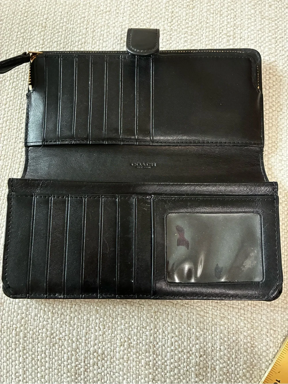 Coach Black Smooth Leather Accordion Zip Continental Wallet
